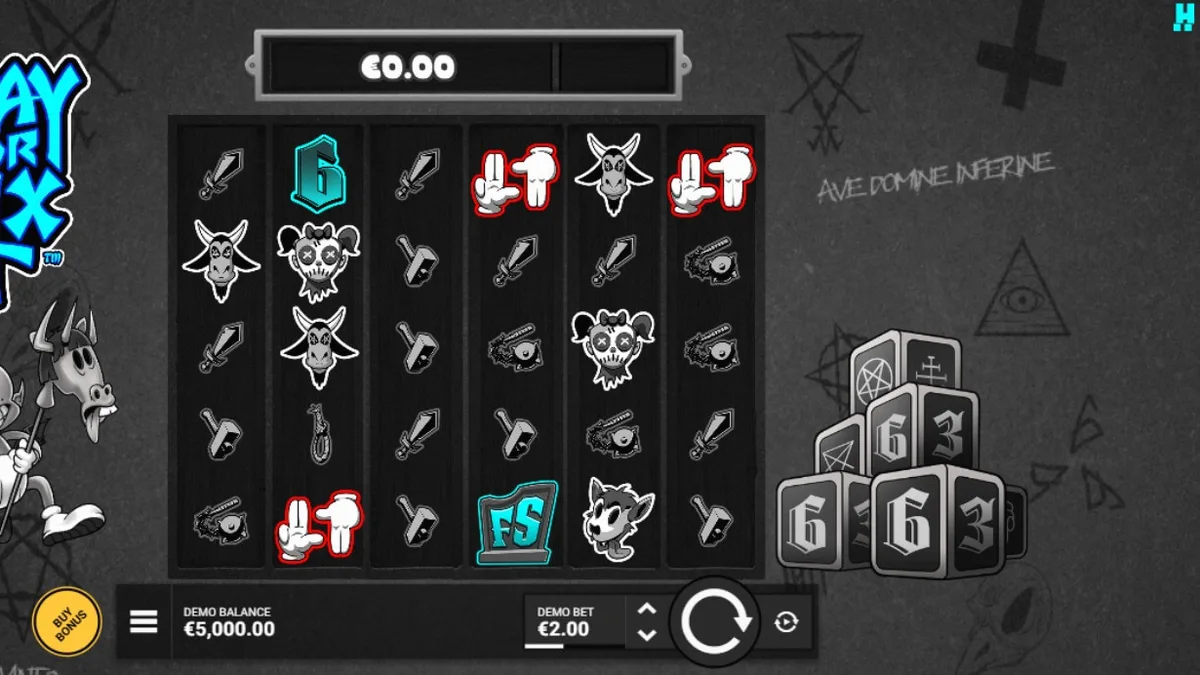 Tela de jogo do slot Pray for Six com estética gótica e monocromática