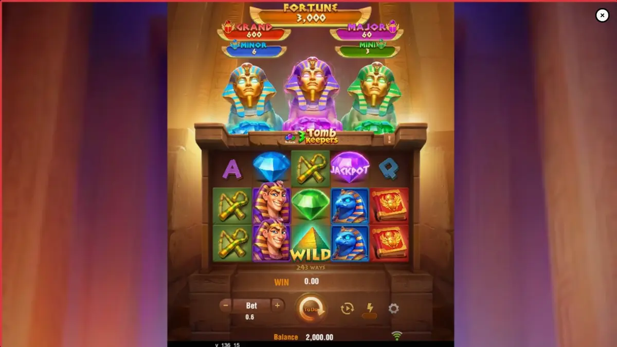Cena do jogo de slot 3 Tomb Keepers com estátuas de faraós e elementos egípcios